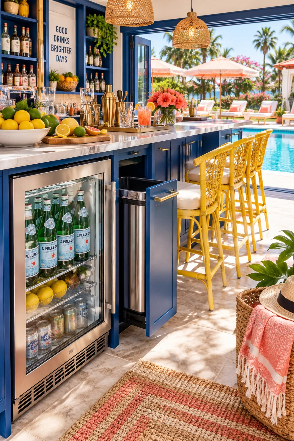 Glass-front beverage fridge at the end of a pool house counter