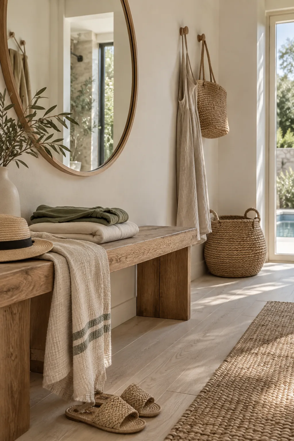 Small changing corner with a wooden bench and mirror
