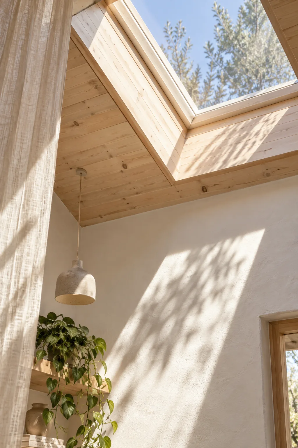 Sunlight streaming through skylights in a modern pool house lounge