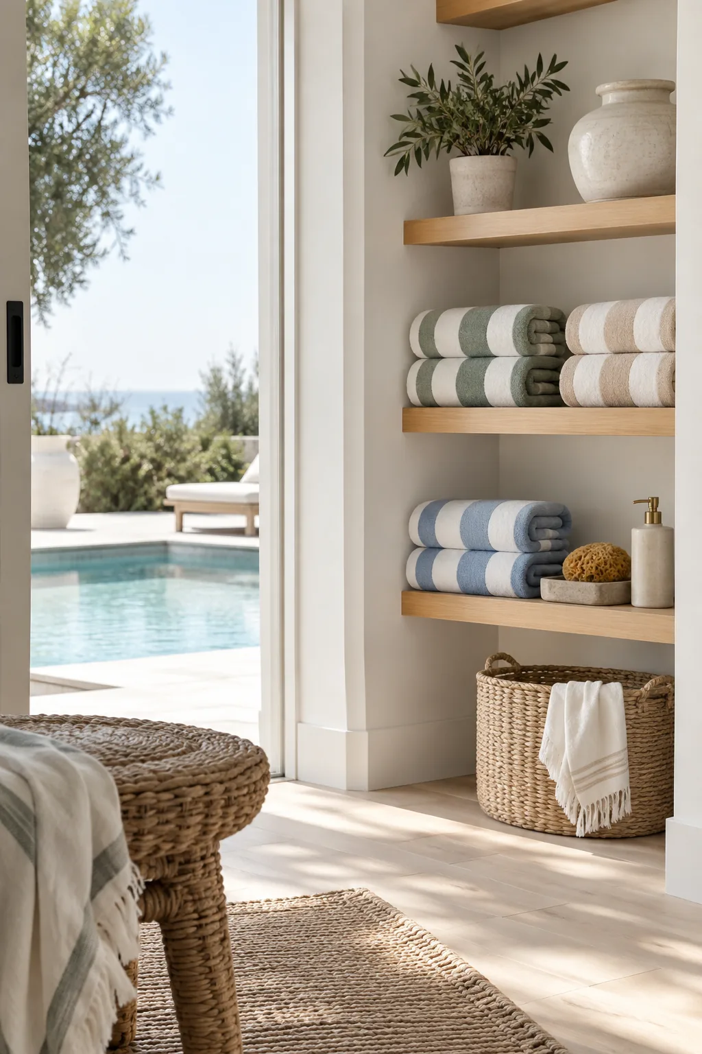 Floating wooden shelves stacked with colorful striped pool towels