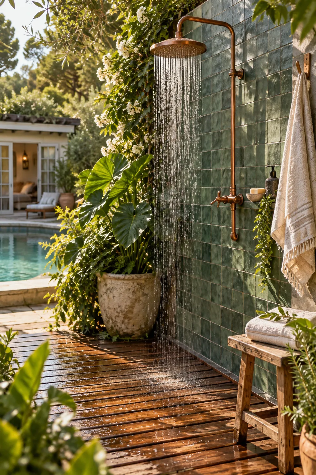 Exposed copper outdoor shower fixture against a tiled wall