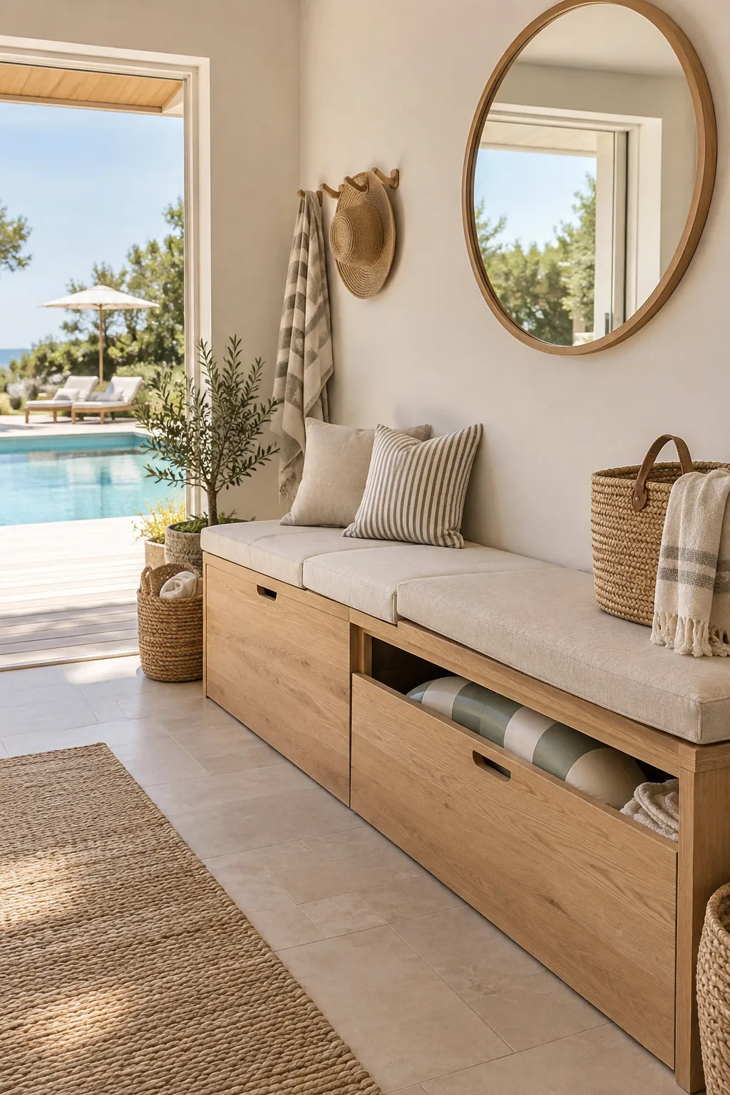 Built-in wooden storage bench filled with pool floats and noodles