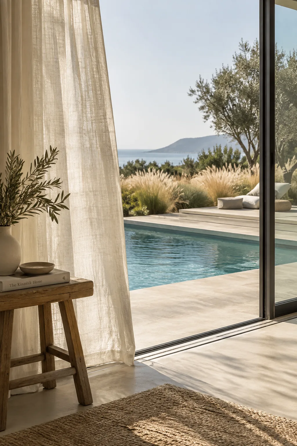 Tall ornamental grasses growing along a concrete pool deck