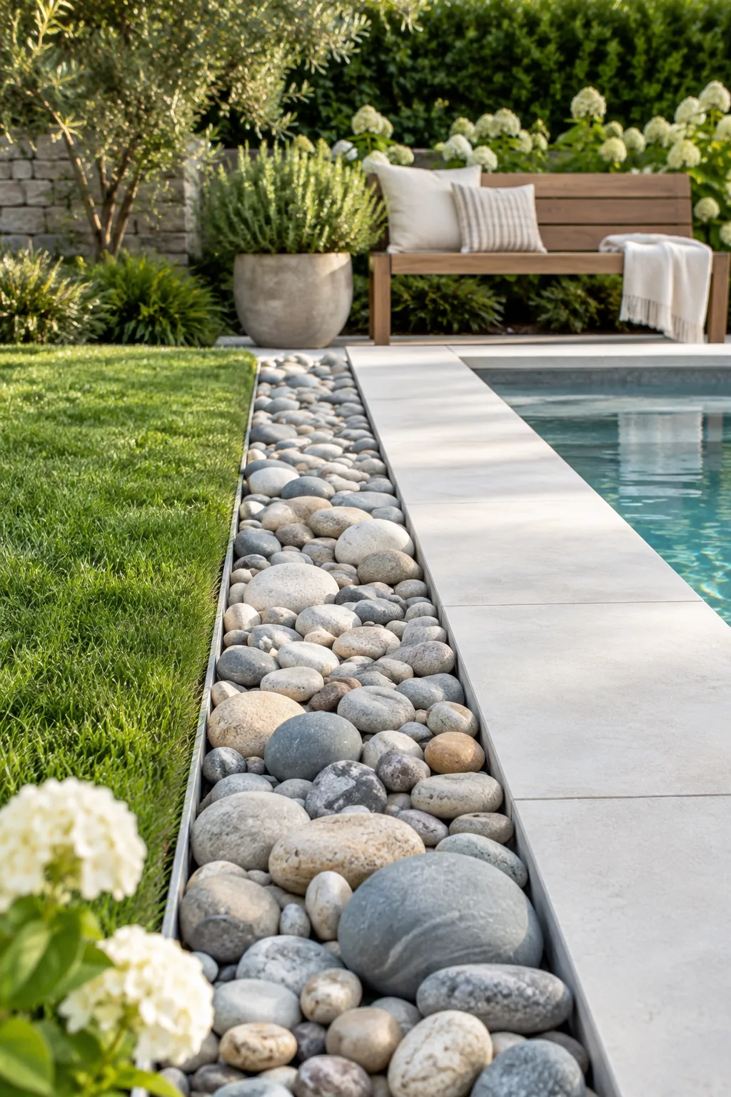 A clean border of smooth river rocks separating a green lawn from a swimming pool