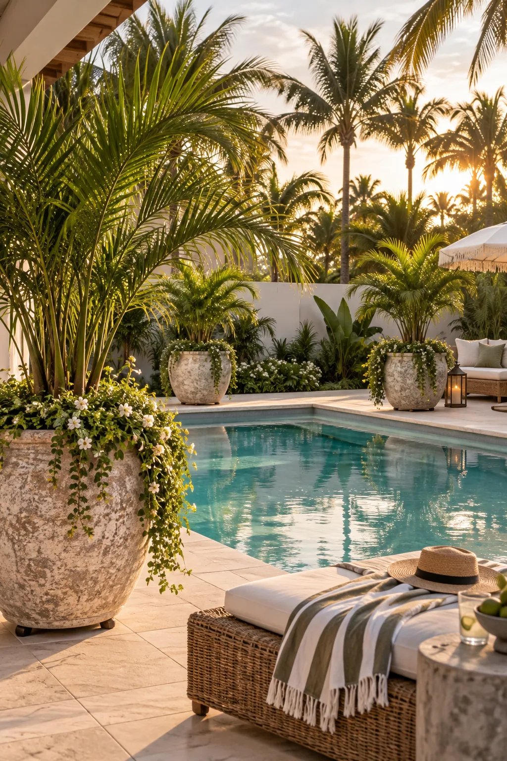Large potted palm trees sitting on the corners of a backyard pool deck