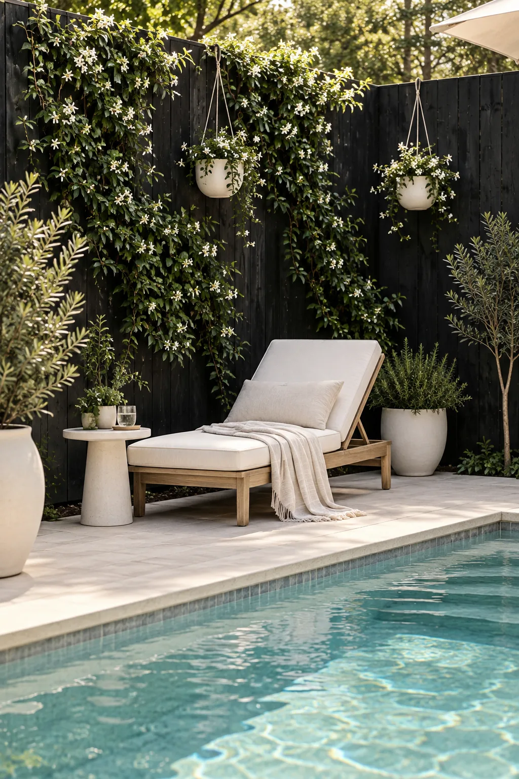 A tall black wooden fence serving as a backdrop for a swimming pool