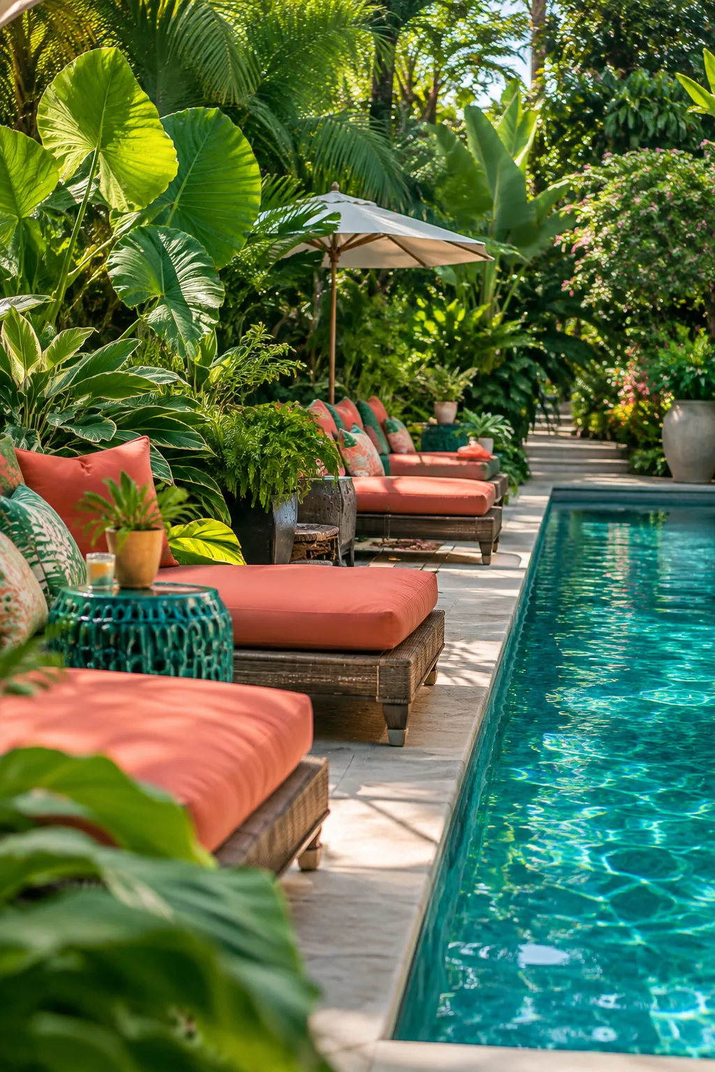 Lush elephant ear plants growing densely behind wooden pool loungers