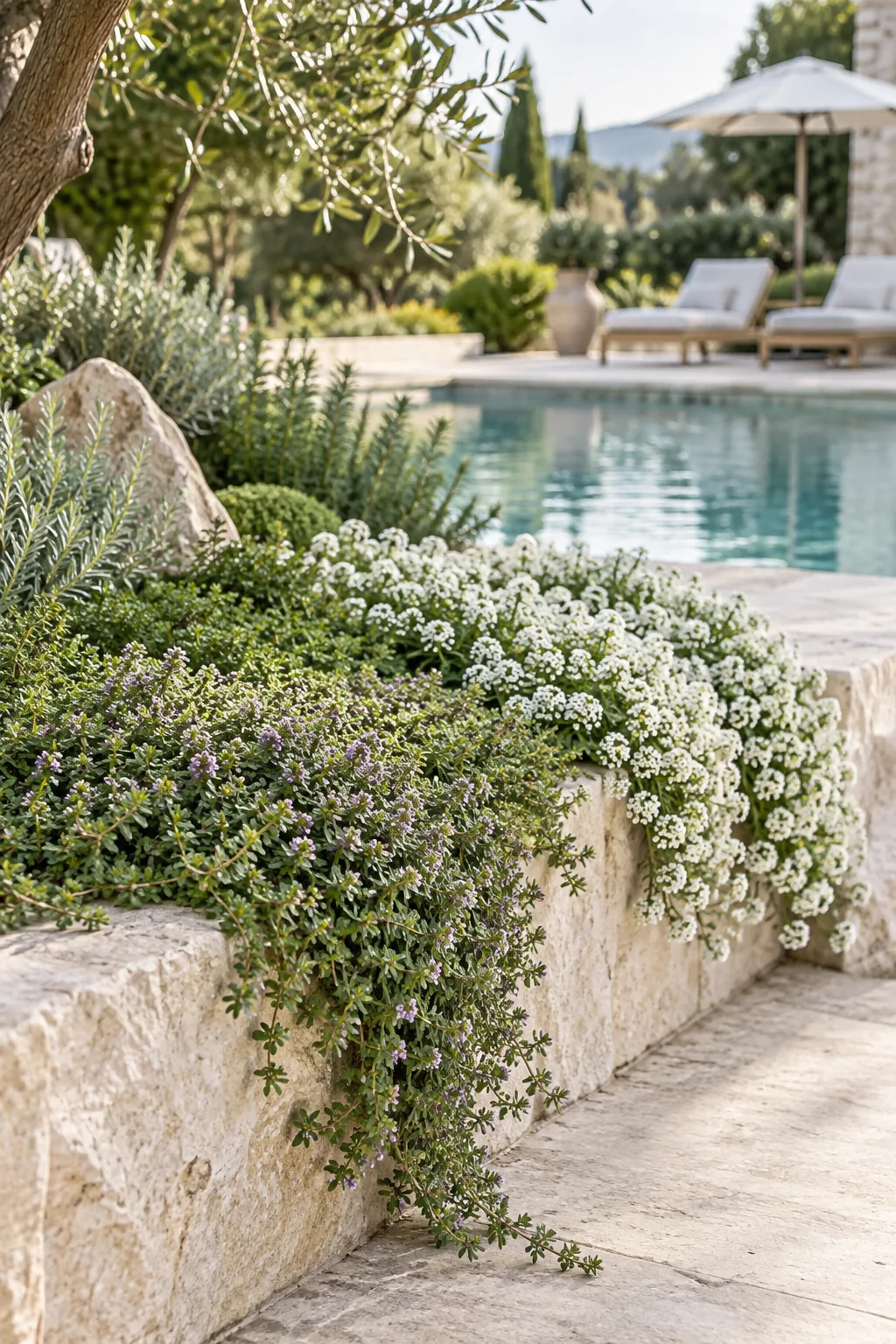 Creeping thyme growing thickly right up to the edge of pool coping