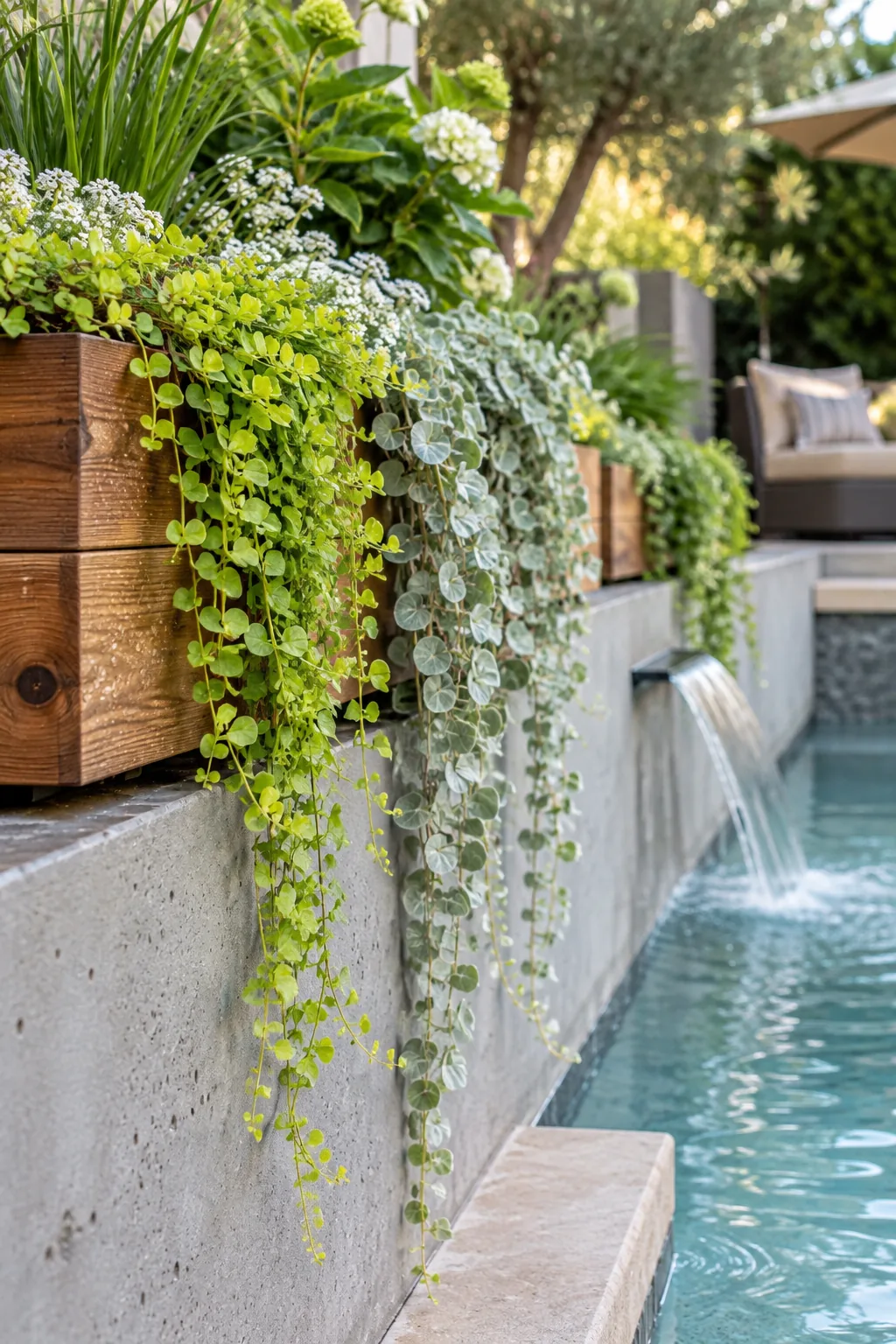Cedar planter boxes filled with trailing plants built into a pool retaining wall