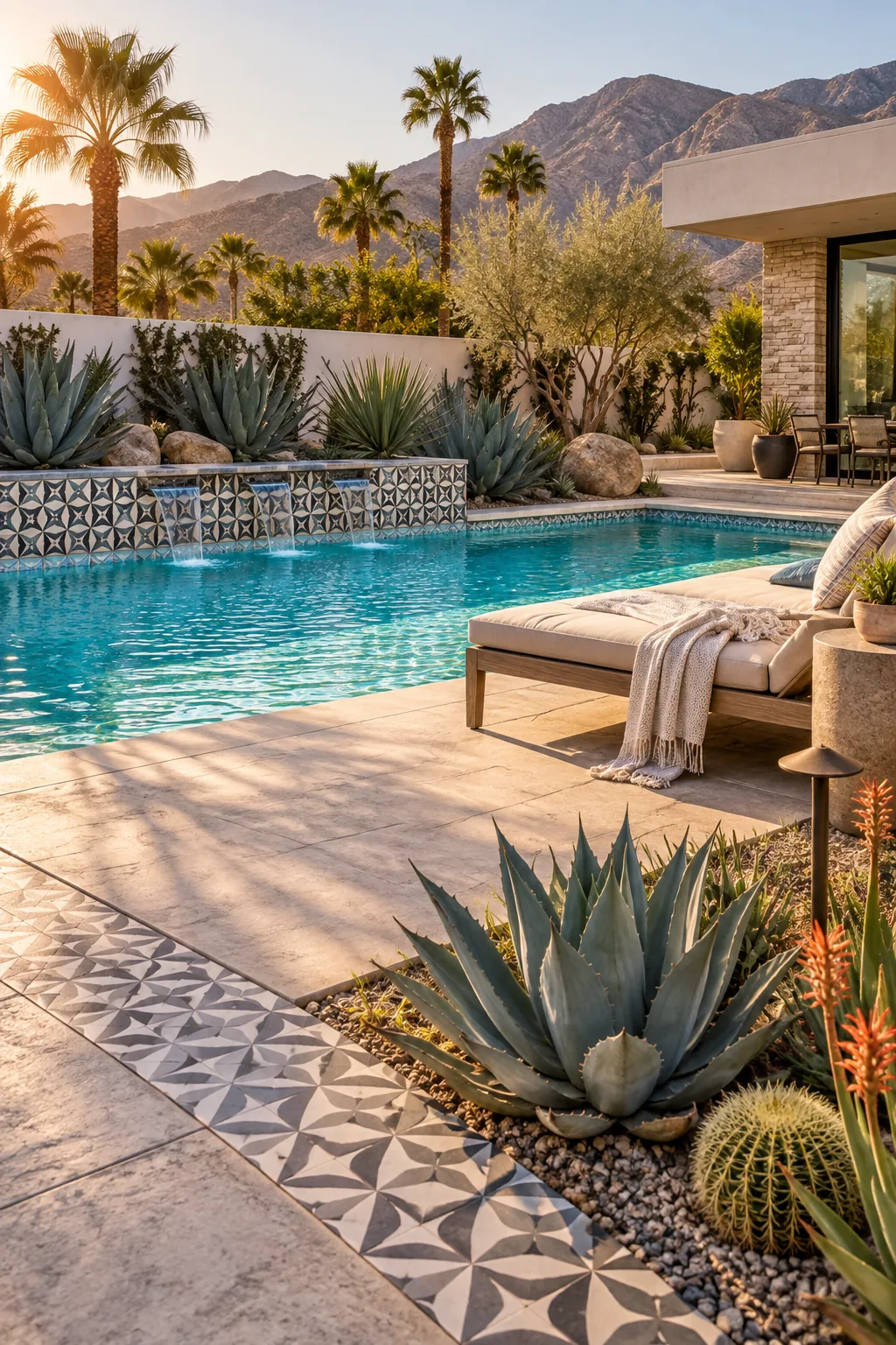 Large agave plants growing in a rock bed next to a stamped concrete pool deck