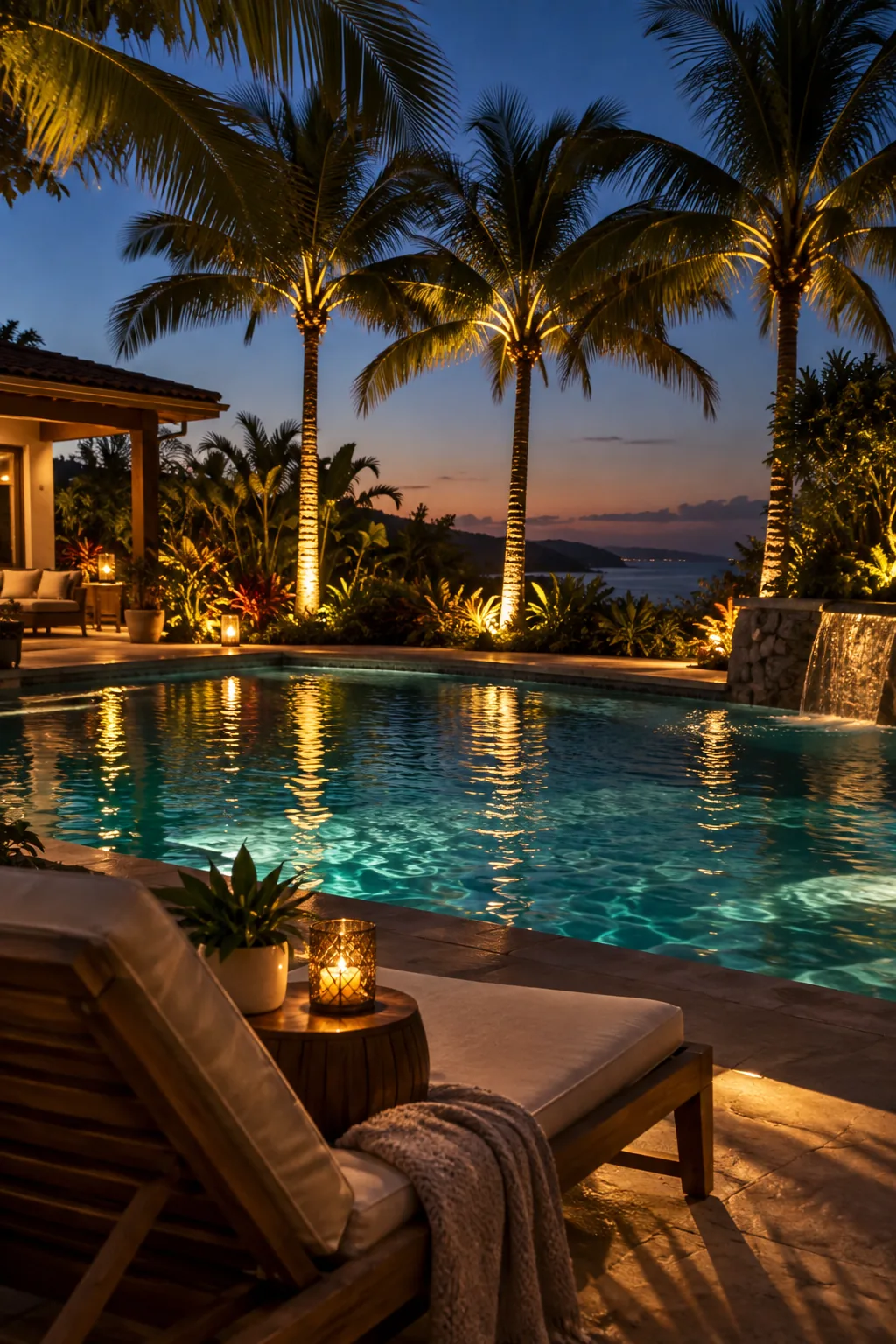 Palm trees illuminated from below by LED lights next to a glowing night pool