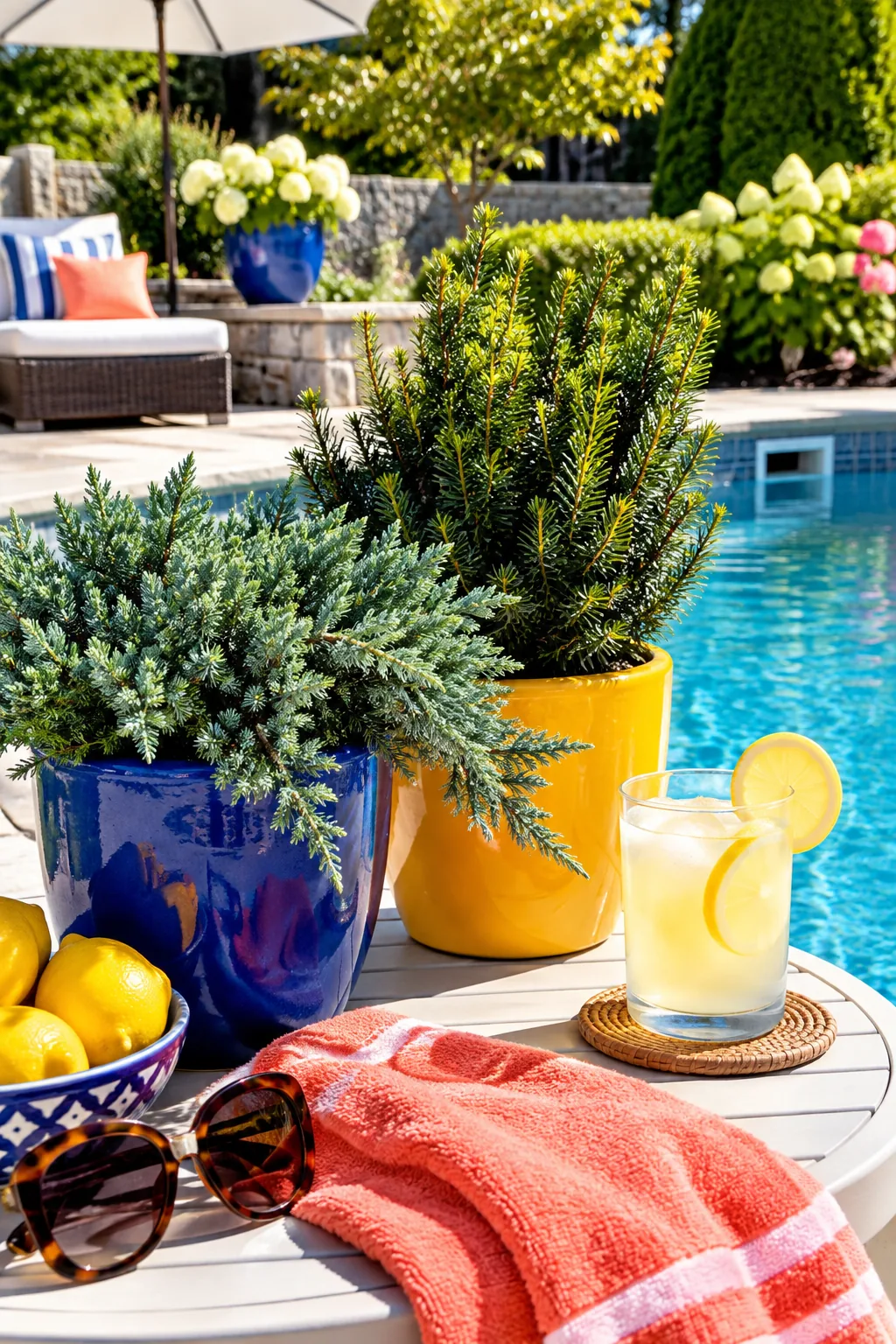 Lush green juniper bushes surrounding a clean, debris-free swimming pool