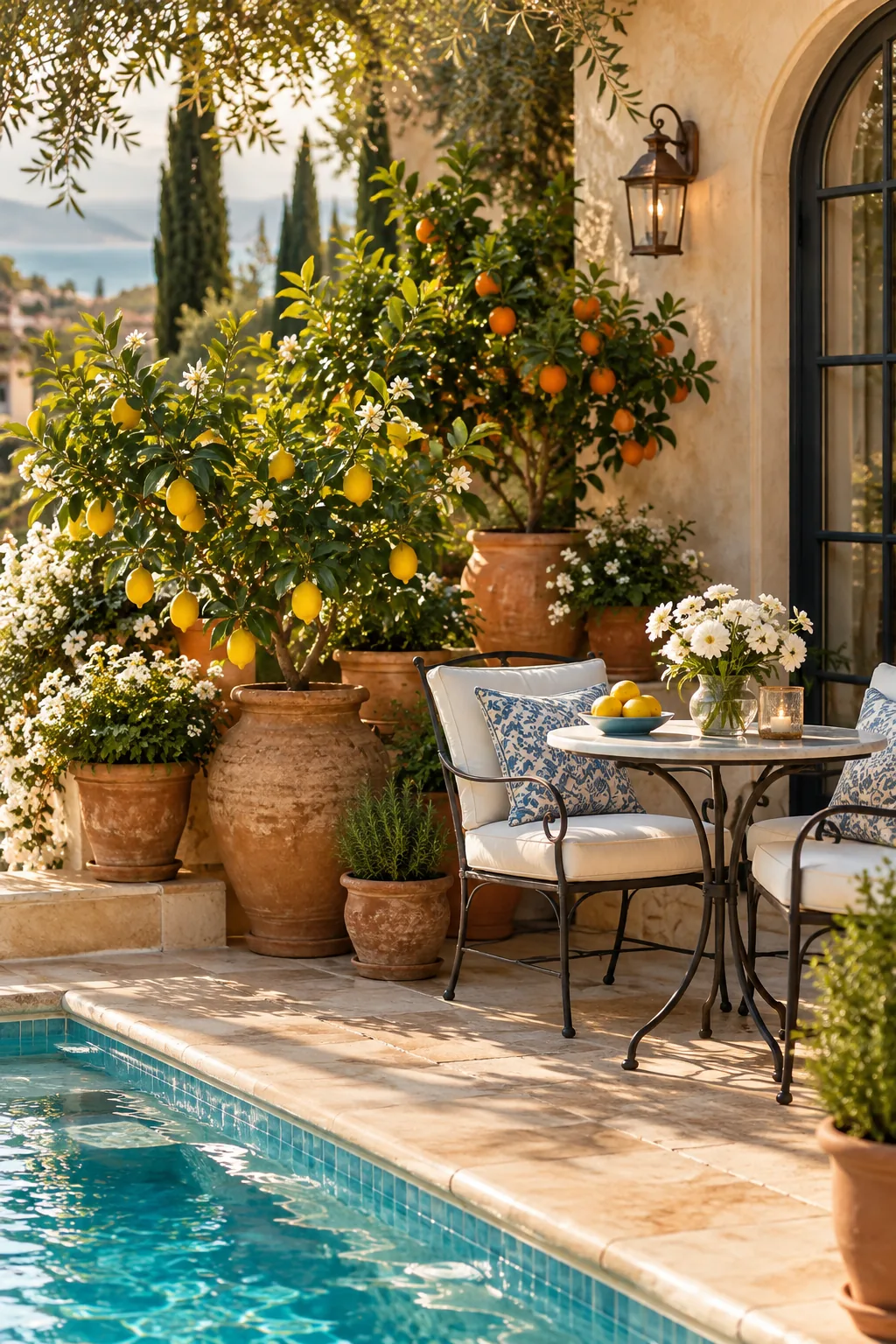 Terracotta pots holding small lemon trees on a sunny pool patio