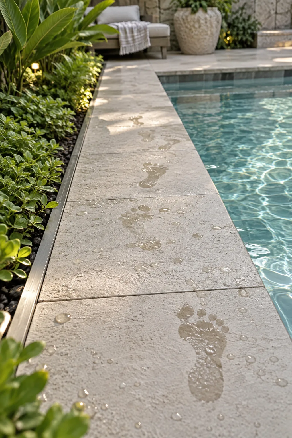 A wide, clear stone walkway separating lush garden beds from the pool water