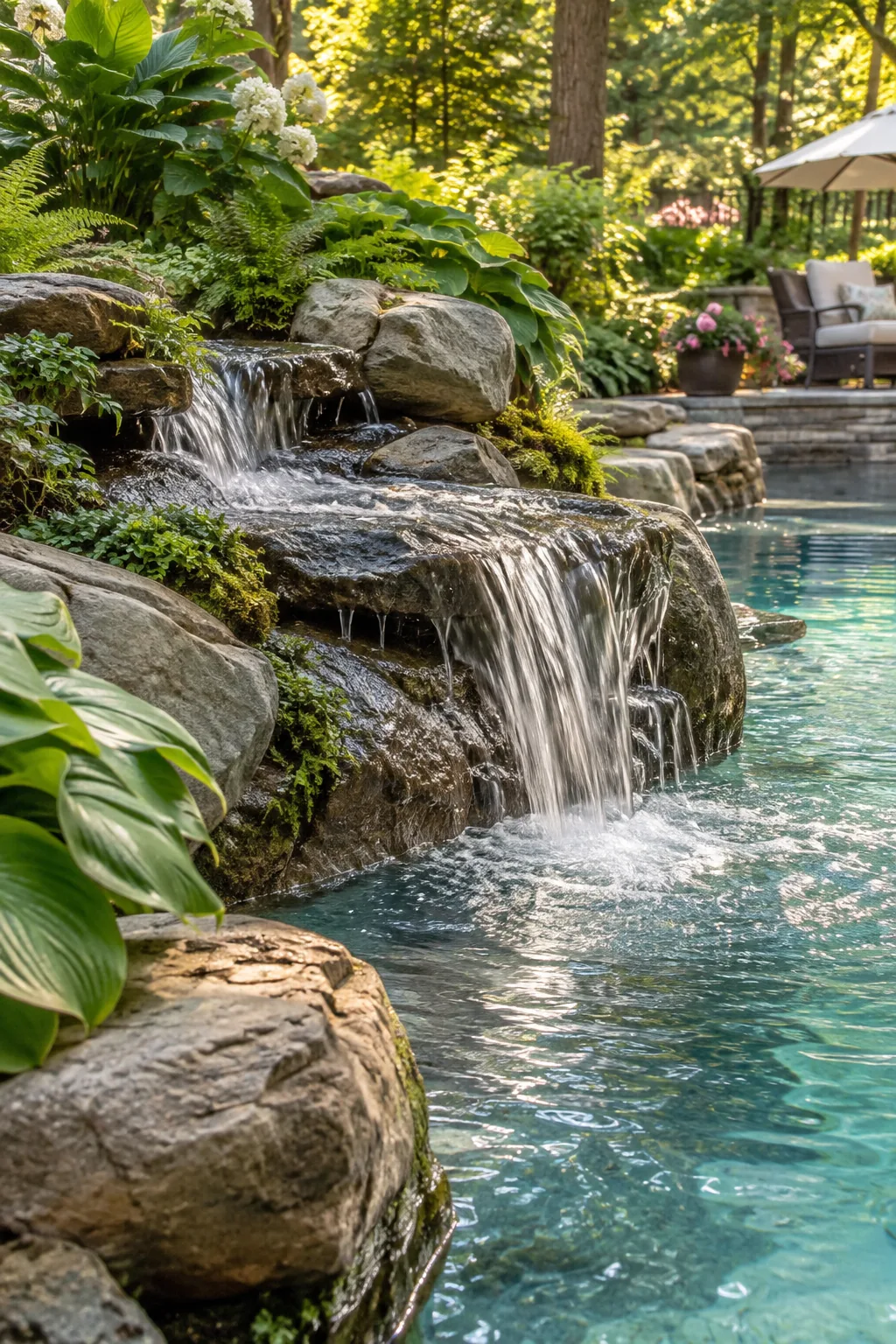 A natural stone waterfall feature with small ferns tucked into the rock crevices