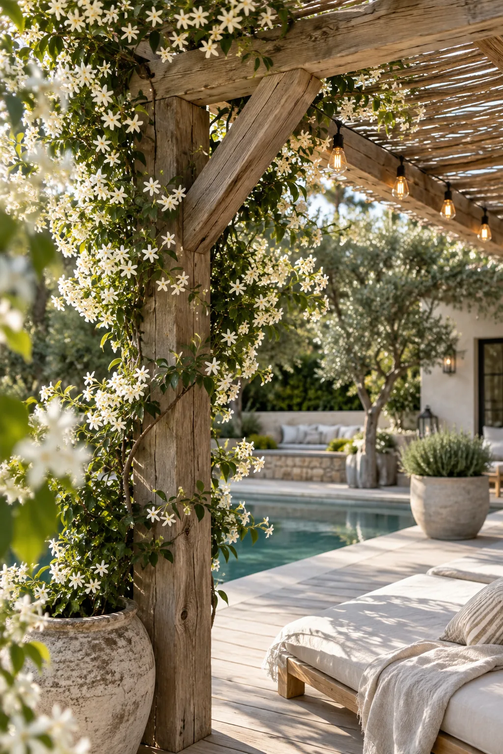 A wooden pergola covered in climbing vines shading a pool lounge area