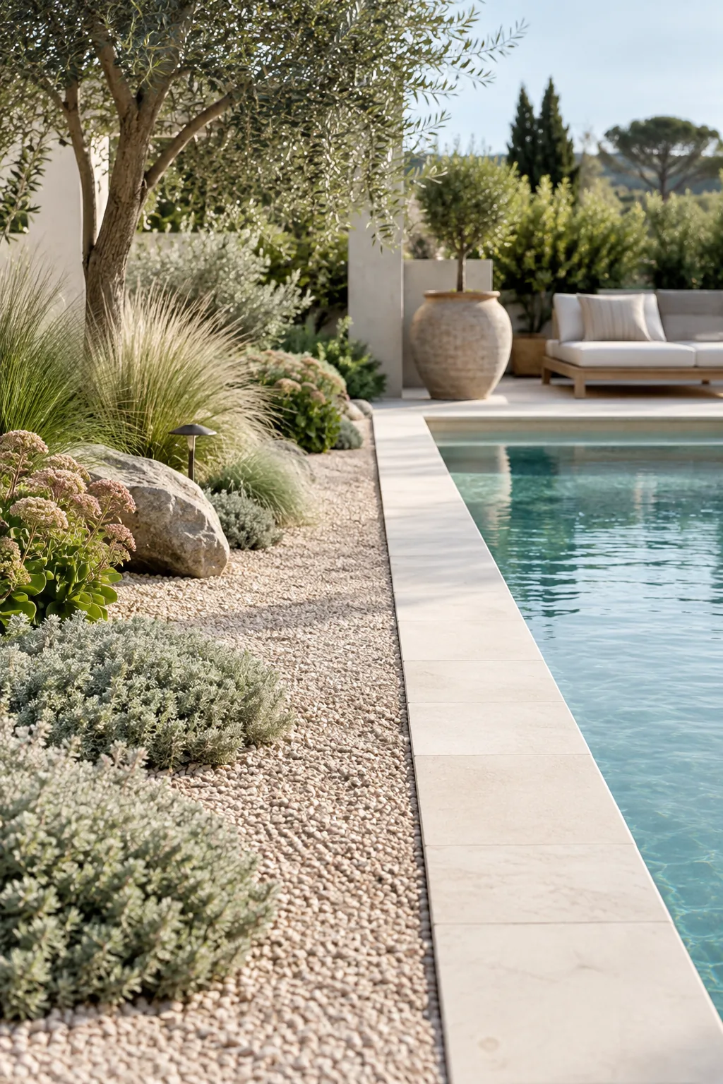 Drought-tolerant ground covers and gravel pathways replacing a traditional lawn near a pool