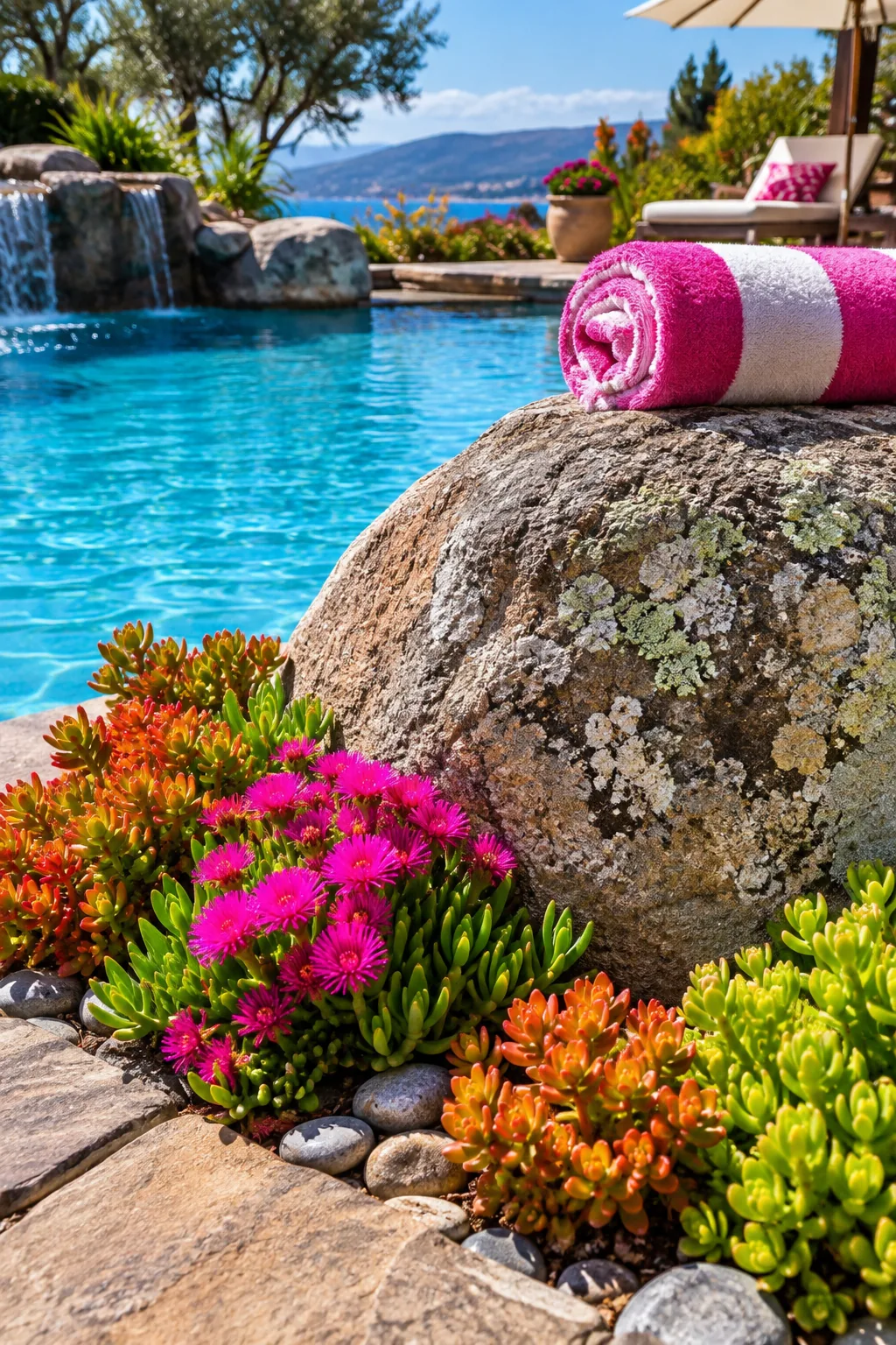 Large natural boulders partially buried into the ground at the edge of a pool