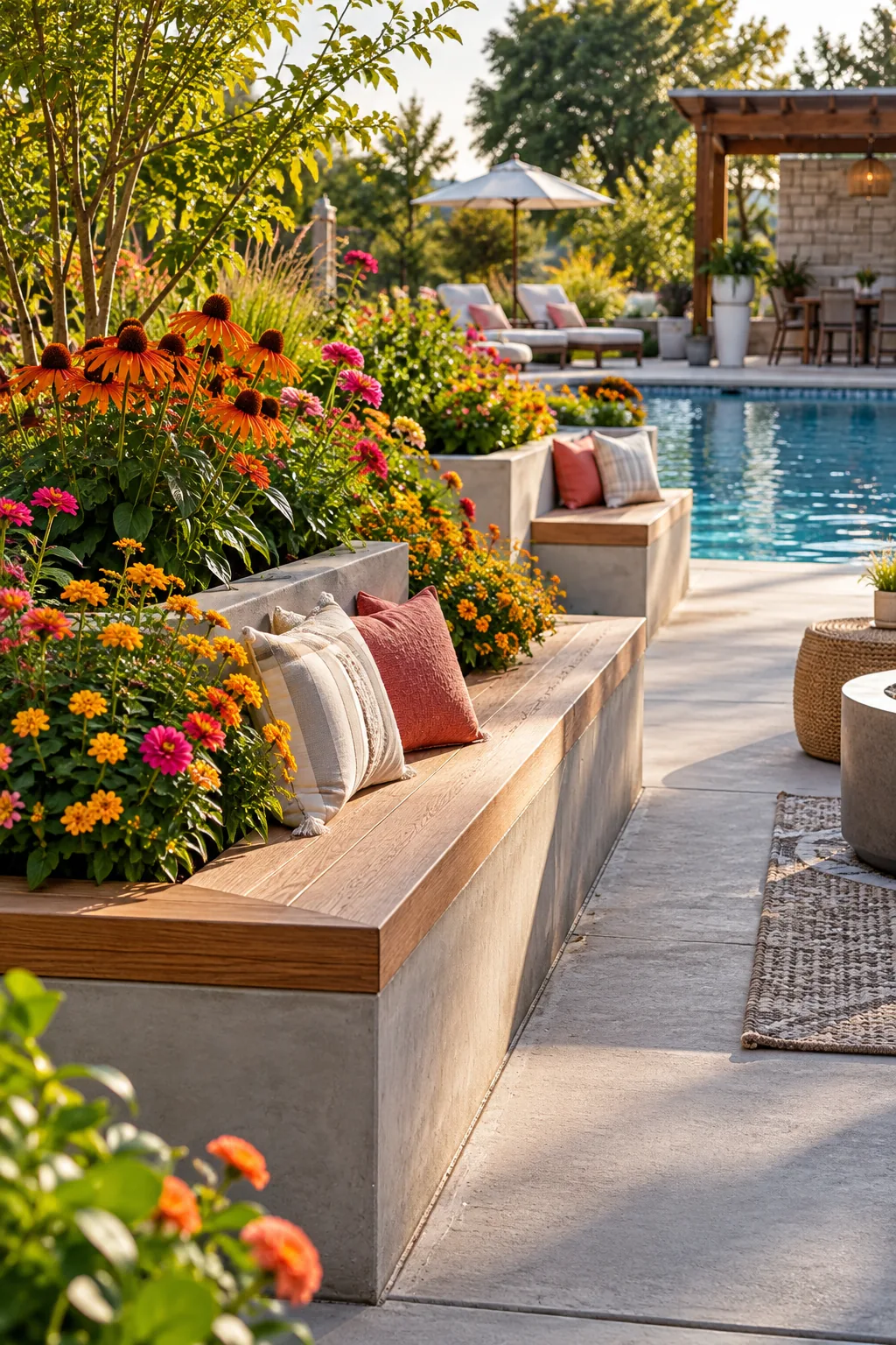 Wooden raised garden beds filled with bright flowers sitting on a gray pool deck
