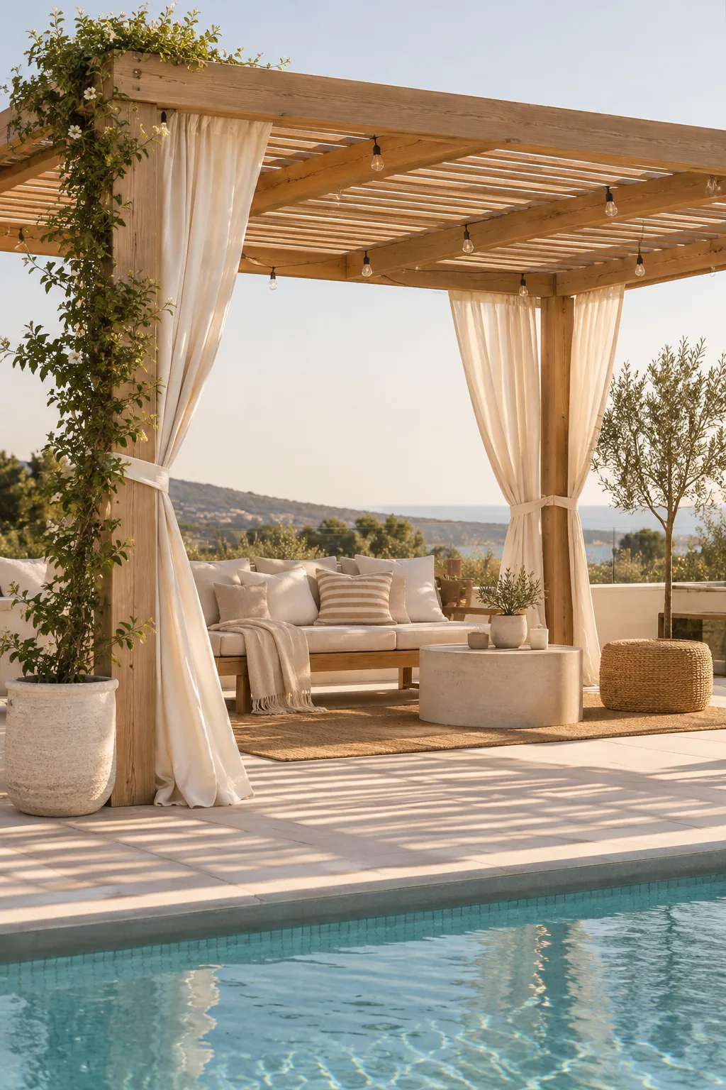 A slatted wood pergola built next to the shallow end of a pool