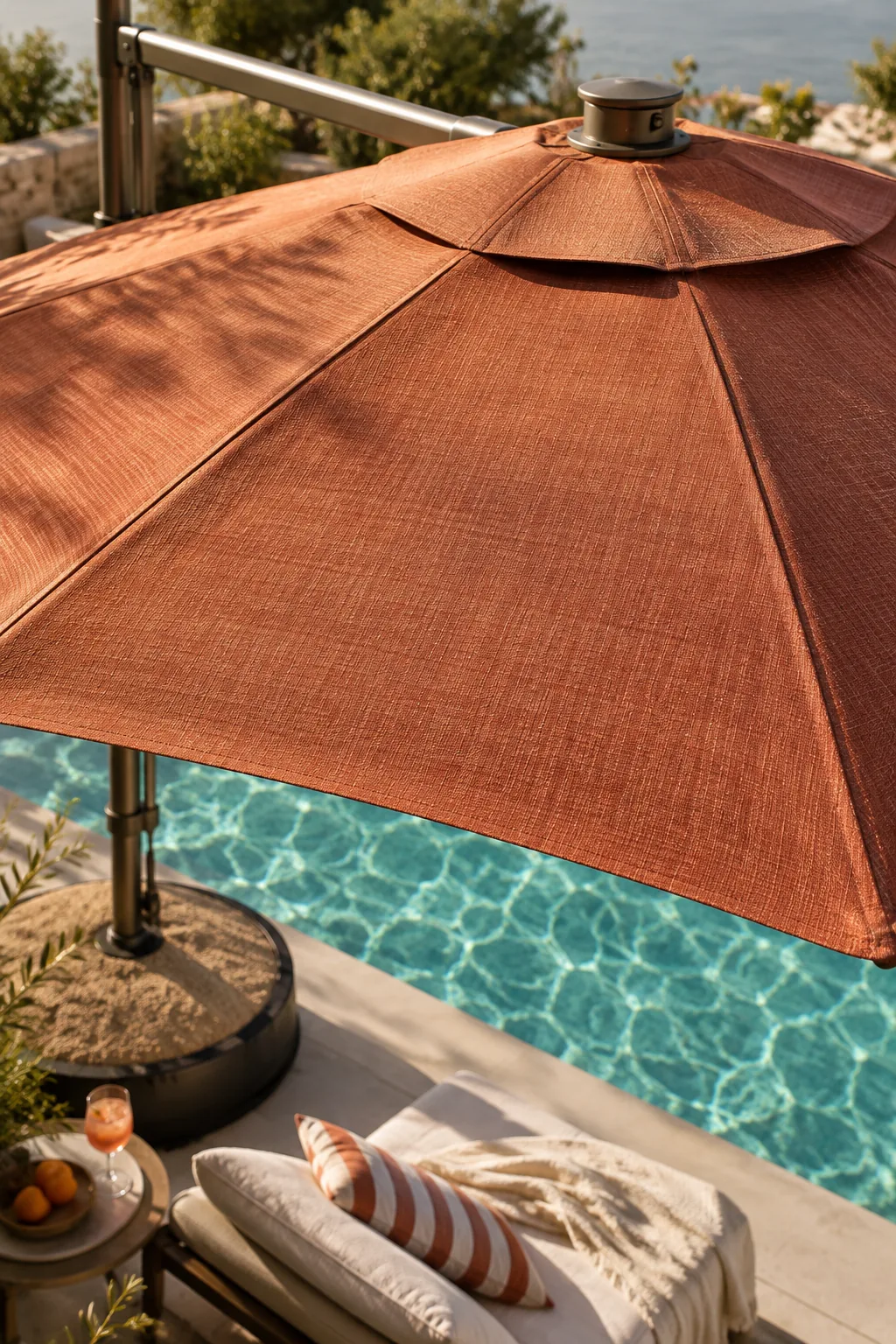 A large offset cantilever umbrella shading pool lounge chairs