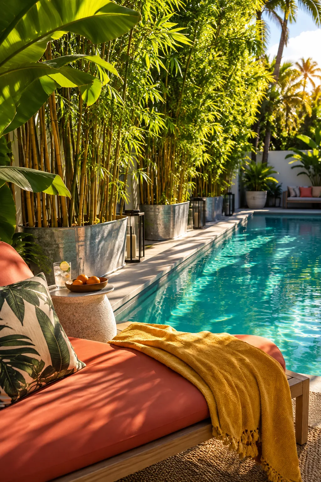 Tall bamboo plants in large planters casting shade over a pool