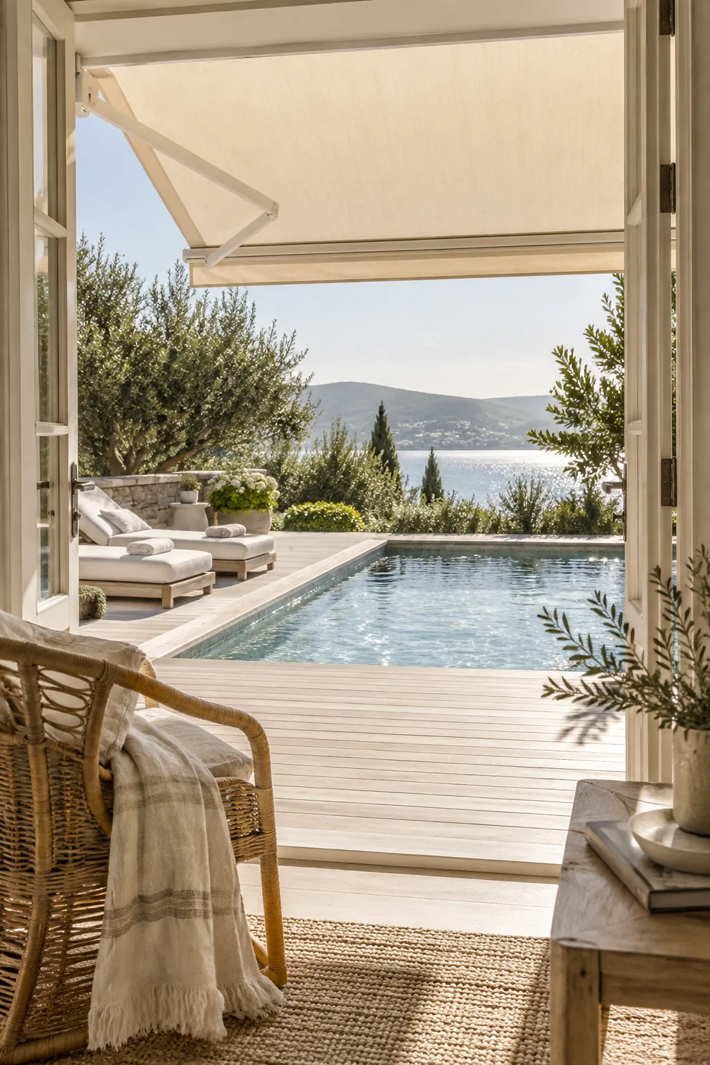 A striped retractable awning extending over a poolside patio