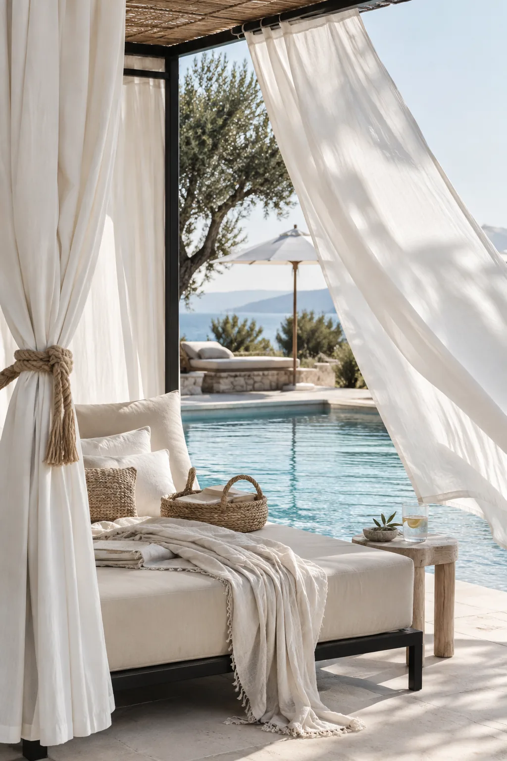 White outdoor curtains tied back on a poolside cabana frame