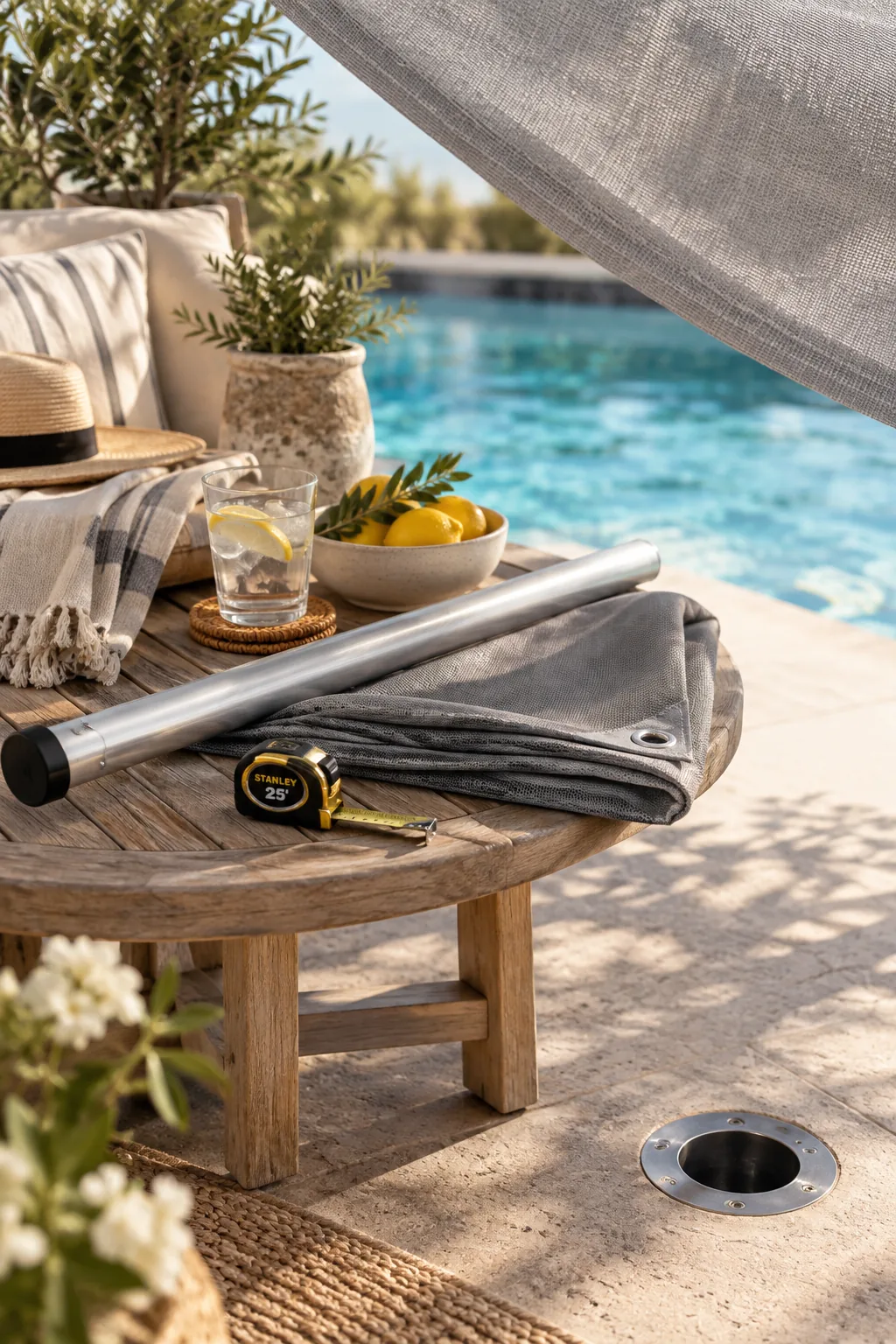 A mesh shade canopy stretched between aluminum posts set in the pool deck