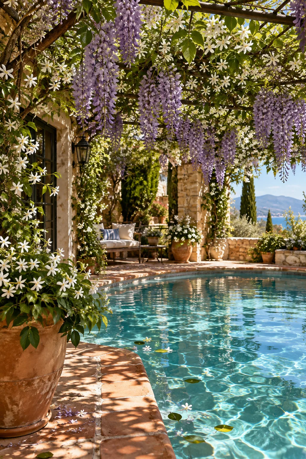Green climbing vines growing over a wire trellis above a swimming pool