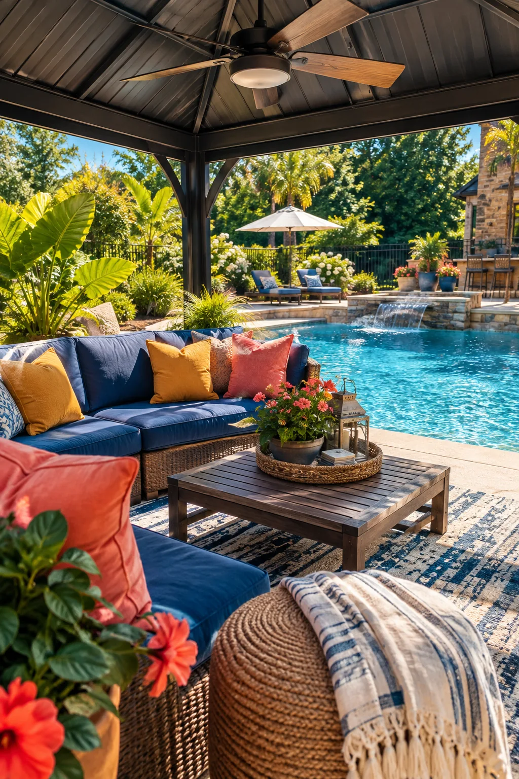 A metal hardtop gazebo with lounge furniture sitting next to a pool