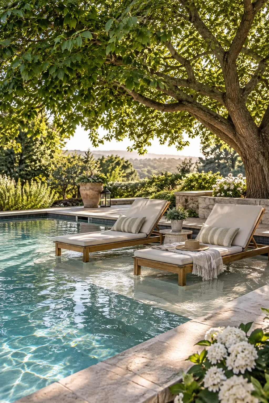 A large deciduous tree casting a shadow over the shallow end of a pool