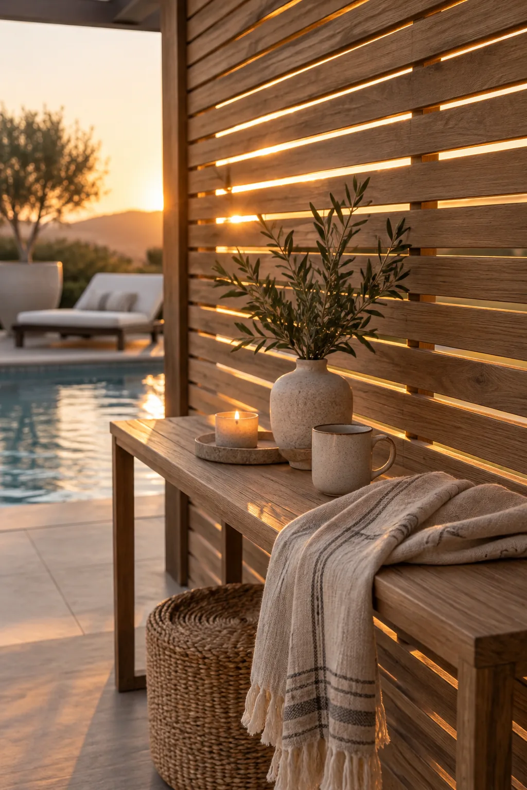 A modern slatted cedar privacy wall blocking the sun near a pool