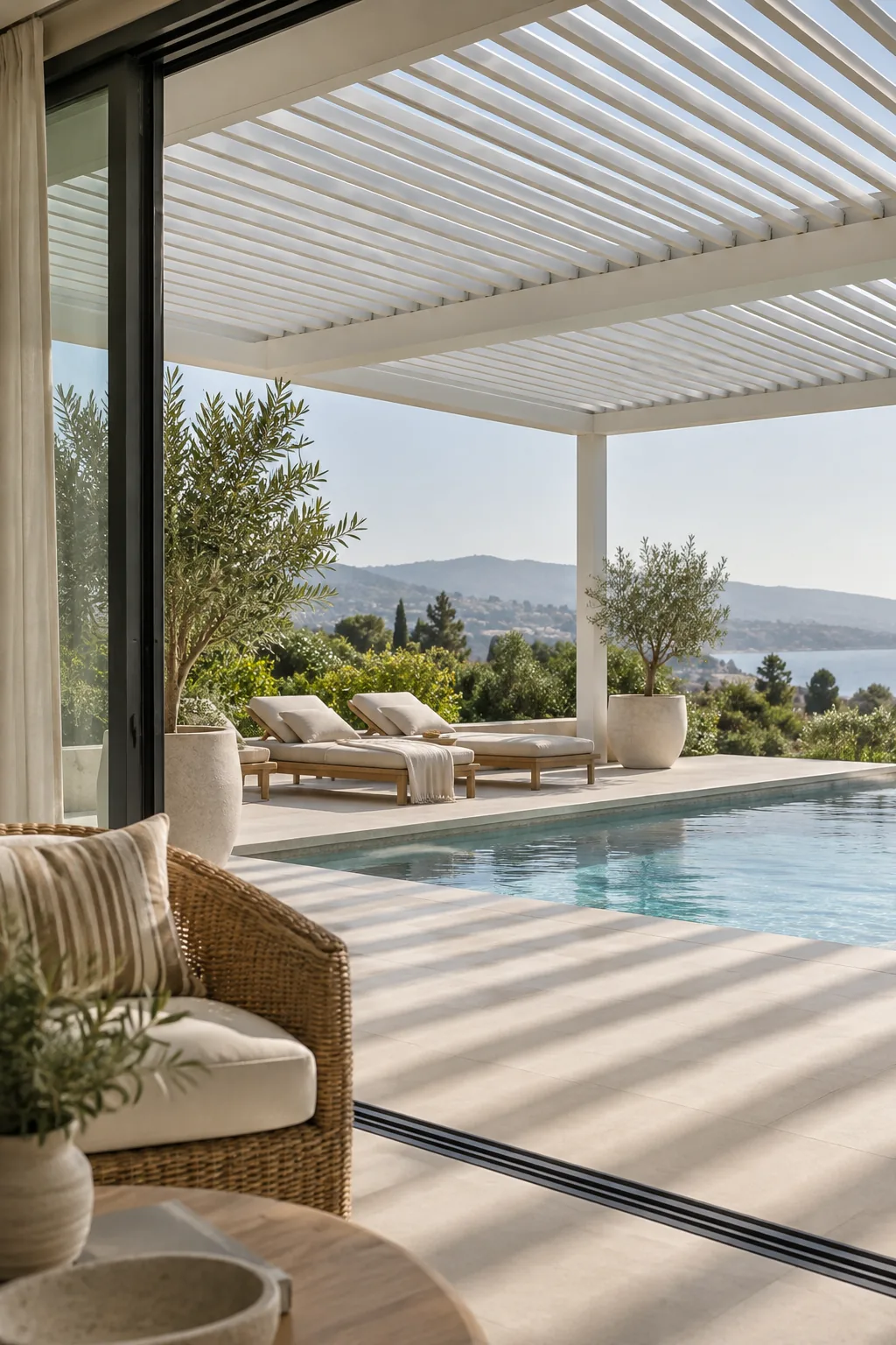 A modern patio cover with adjustable aluminum louvered slats over a pool deck
