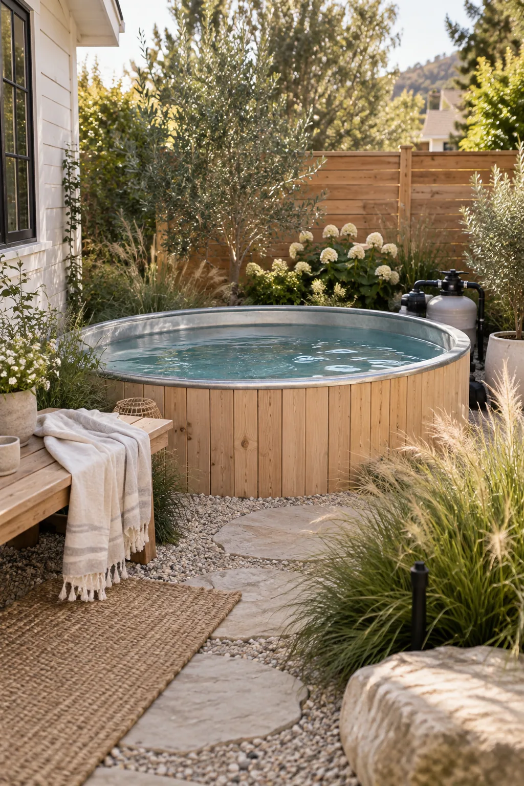 Galvanized stock tank pool wrapped in wood paneling surrounded by potted plants