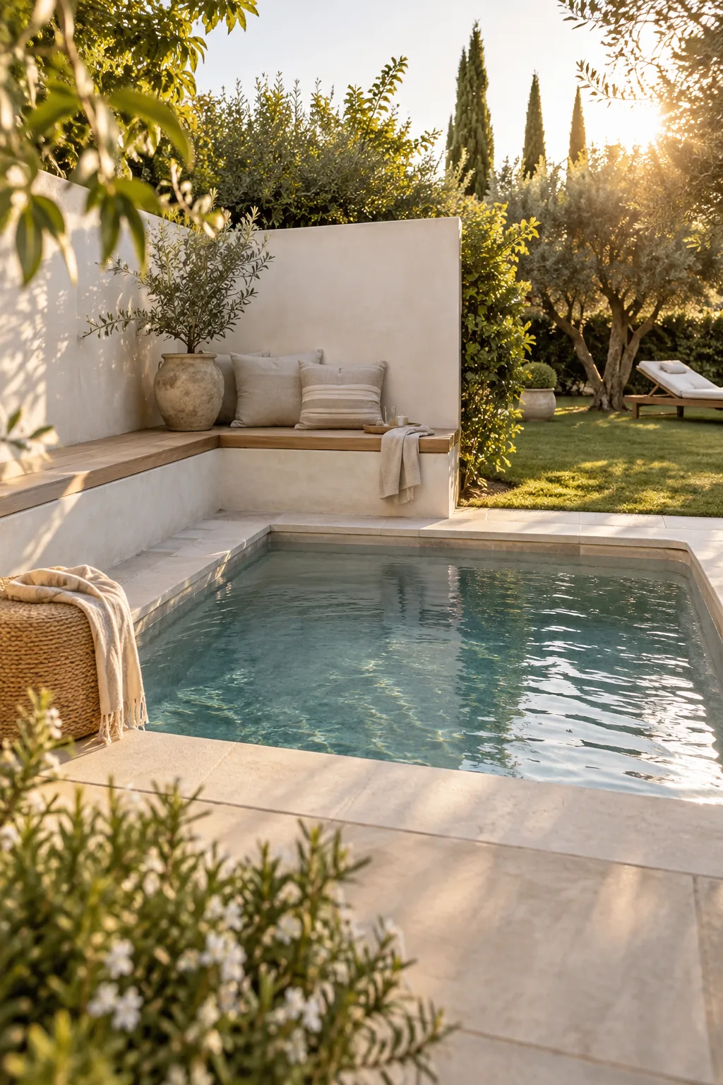 Small square pool built into a backyard corner with integrated wooden bench seating