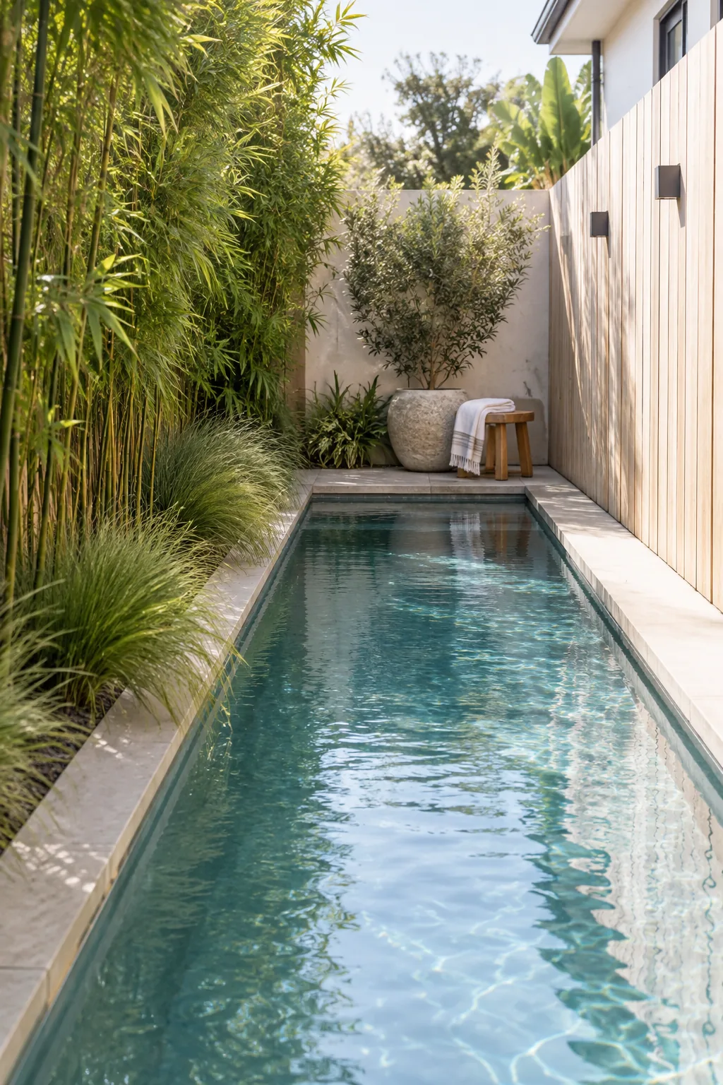 Very narrow and long lap pool running alongside a wooden privacy fence