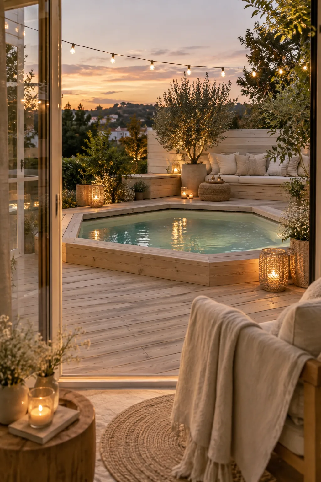 Hexagon shaped pool sunken into a wooden deck with string lights above