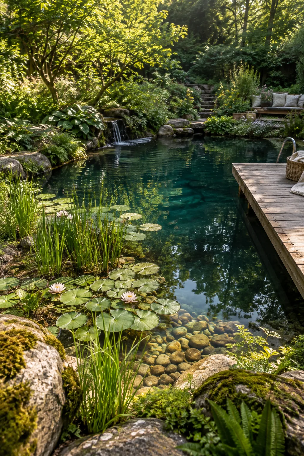 Small natural swimming pool with a planted gravel edge and dark water