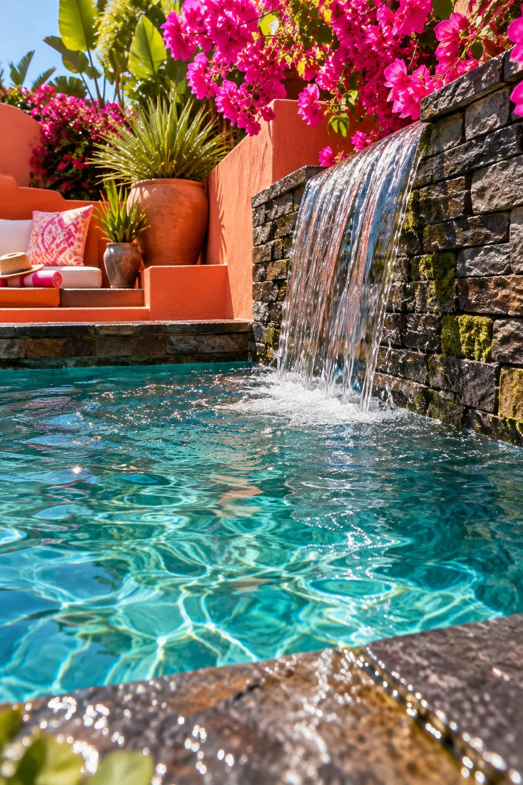 Small pool featuring a sleek sheer descent waterfall coming from a stone wall
