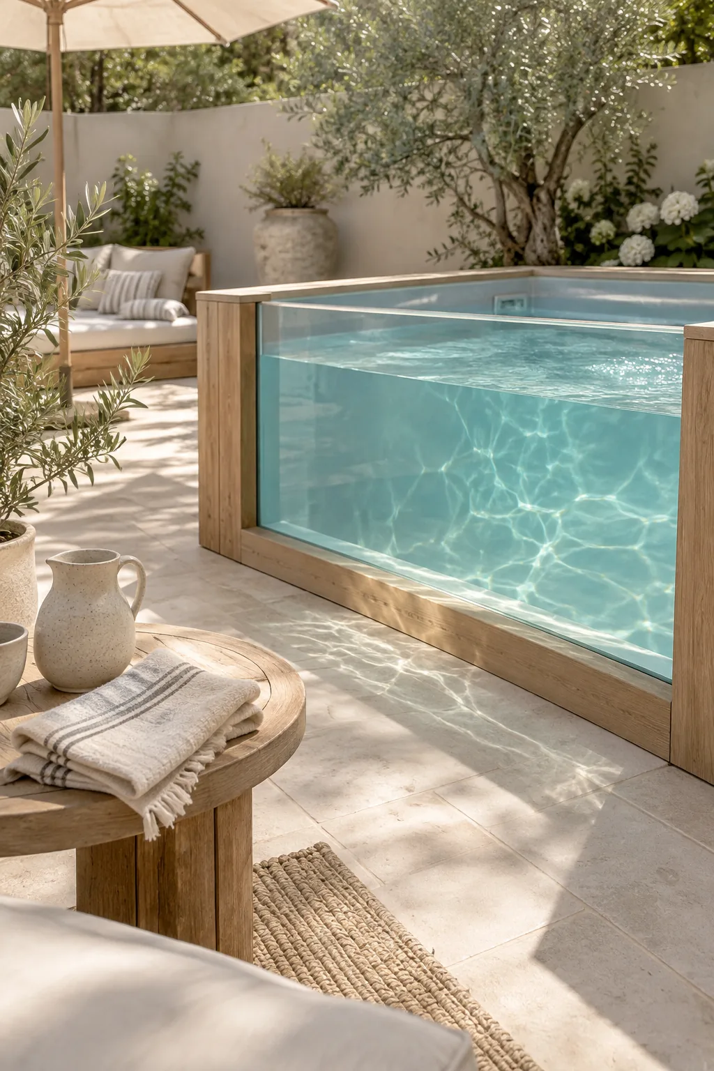 Above-ground pool with one transparent acrylic wall showing the water inside