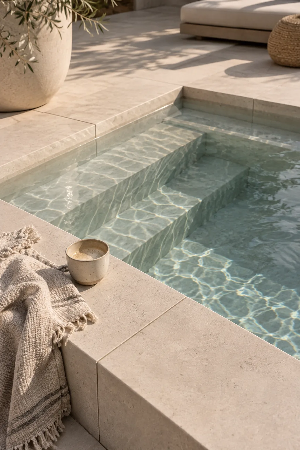 Small rectangular cocktail pool surrounded by large grey concrete pavers