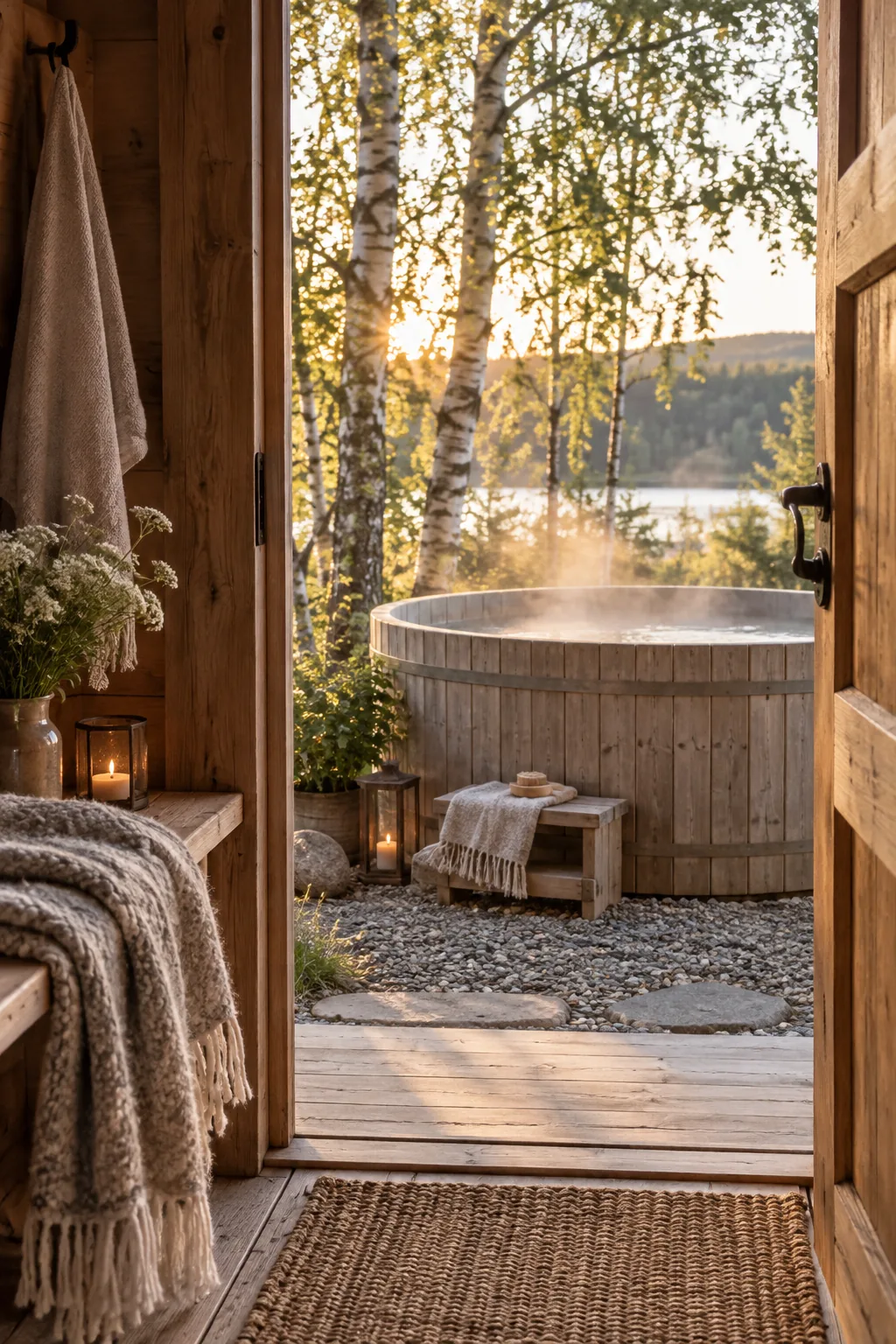 Round wooden cedar soaking tub sitting on a gravel patio