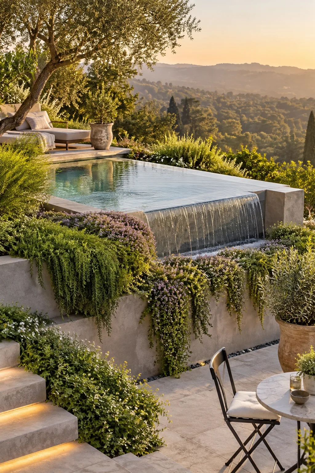 Small infinity edge pool built into a sloped backyard overlooking lower garden