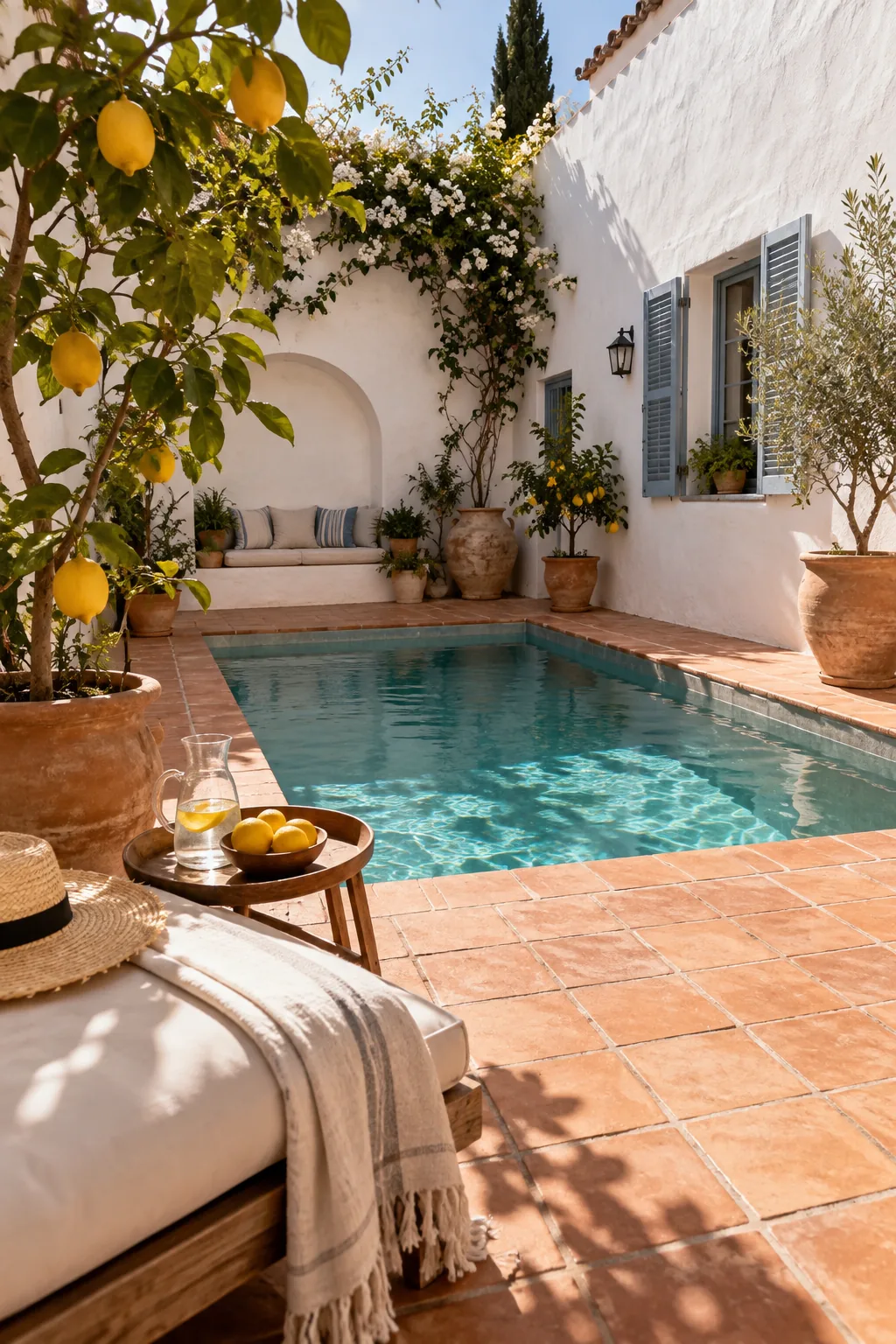 Small square pool located centrally in a tiled courtyard surrounded by house walls