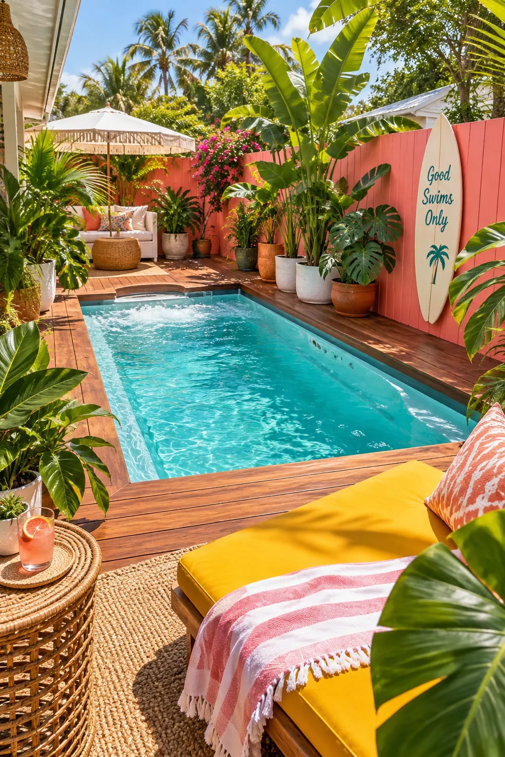 Swim spa sunken into a deck with water jets running