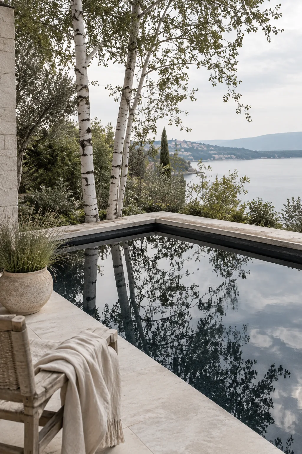 Small pool with a black plaster finish reflecting the surrounding trees