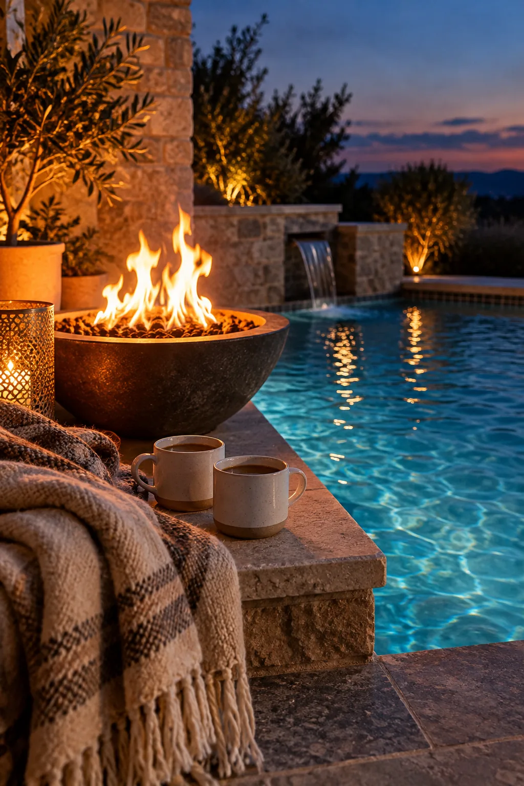 Small backyard pool with a built-in gas fire bowl on the edge