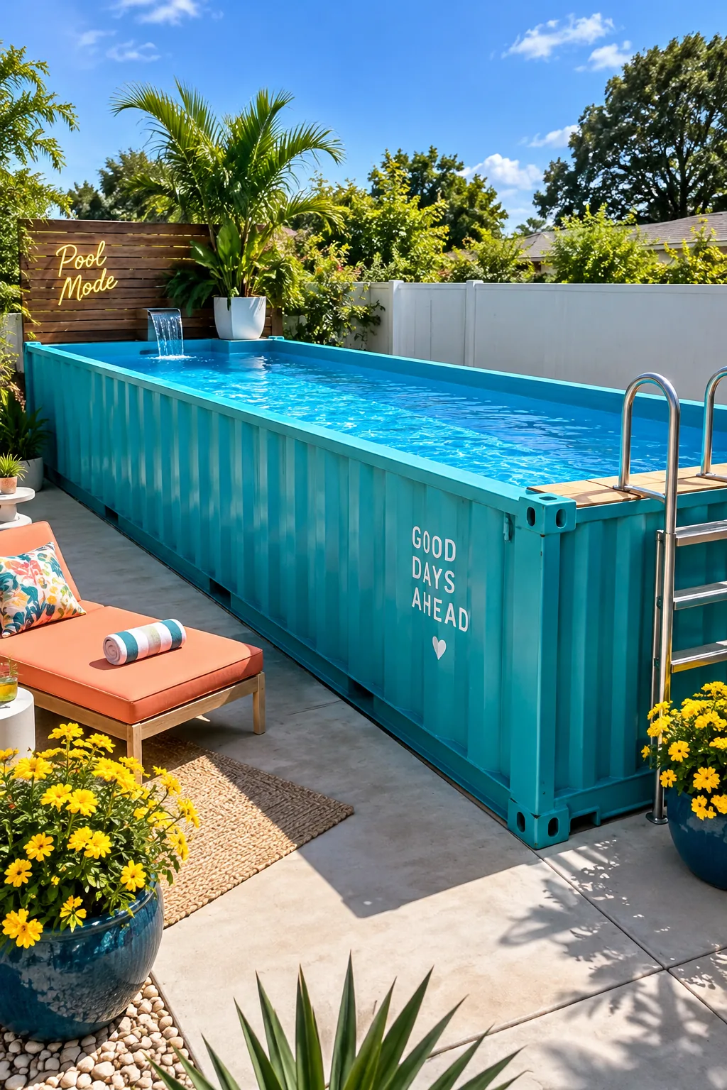 Bright blue repurposed shipping container modified into an above-ground pool