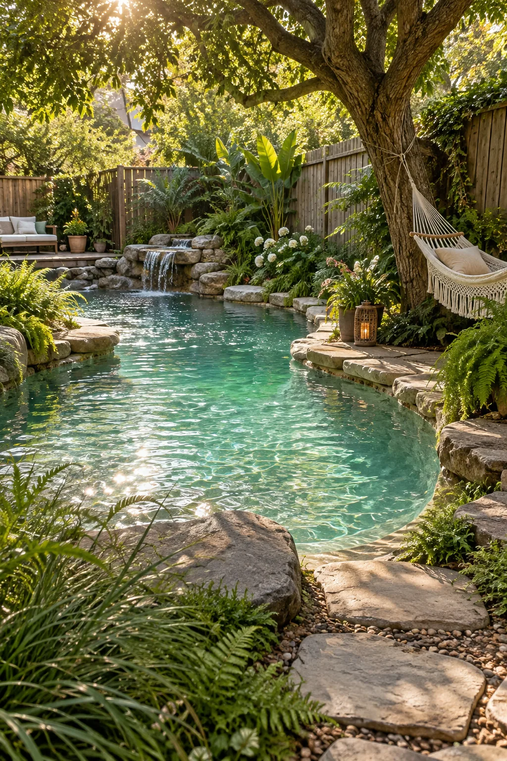 Small freeform lagoon pool surrounded by lush landscaping and rocks